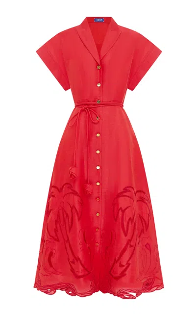 Leo Lin Aubrey Appliquéd Linen-blend Shirt Midi Dress