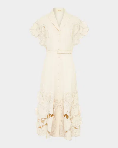 Leo Lin Aubrey Floral-embroidered Midi Shirtdress In Off-white