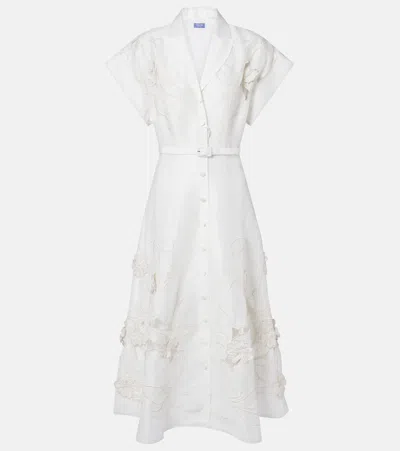 Leo Lin Aubrey Floral-appliqué Linen-blend Shirt Dress In White