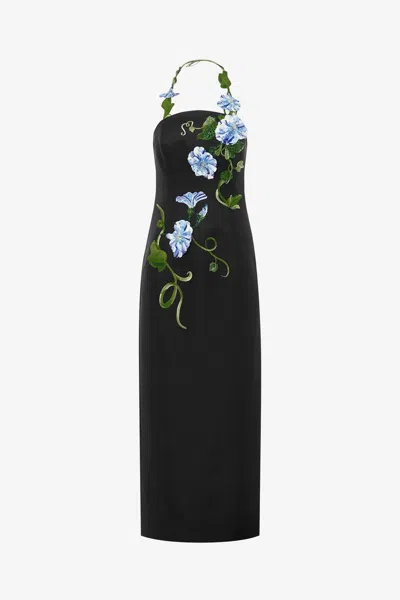 Leo Lin Ava Halterneck Appliqué Floral Bustier Maxi Dress - Vine Print In Ebony In Black