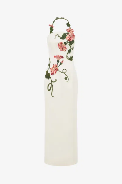 Leo Lin Ava Halterneck Appliqué Floral Bustier Maxi Dress - Vine Print In Snow