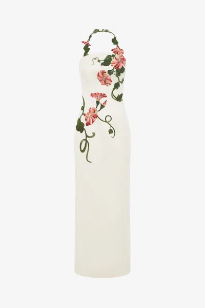 Leo Lin Ava Halterneck Appliqué Floral Bustier Maxi Dress - Vine Print In Snow In White