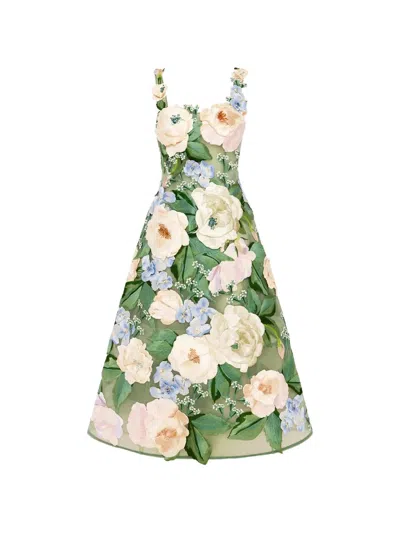Leo Lin Beatrice Floral-embroidered Dress In Green