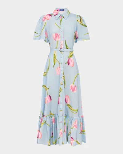 Leo Lin Becca Belted Floral Short-sleeve Midi Dress In Blue