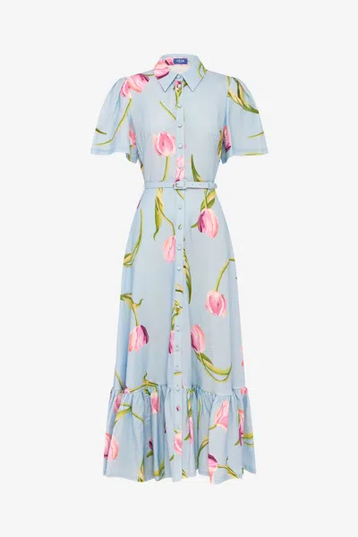 Leo Lin Becca Short Sleeve Midi Dress - Tulip Print In Blue