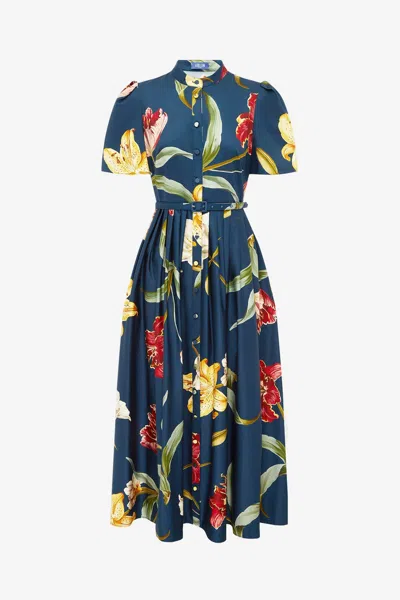 Leo Lin Bianca Short Sleeve Midi Dress - Lily Print In Indigo In Blue