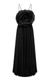 Leo Lin Bloom Rosette-detailed Satin Maxi Dress In Black