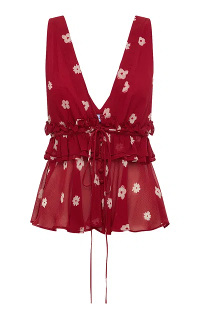 Leo Lin Briar Ruffled Chiffon Top In Red
