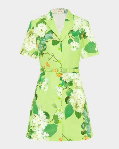 Leo Lin Brigitte Floral-print Belted Mini Shirtdress In Hydrangea In Lime