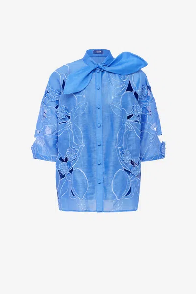 Leo Lin Brooklyn Appliqué Bow Puff Sleeve Top - Azure