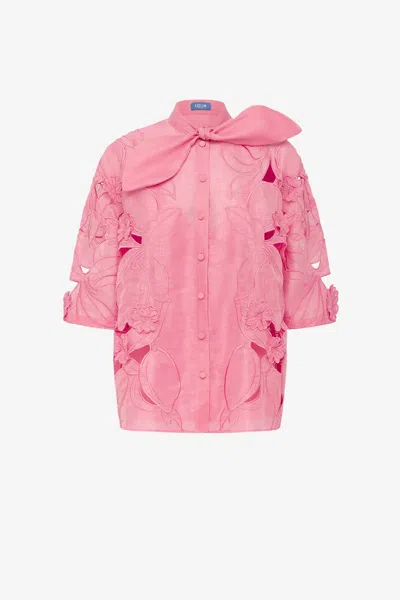 Leo Lin Brooklyn Appliqué Bow Puff Sleeve Top - Fuchsia In Pink