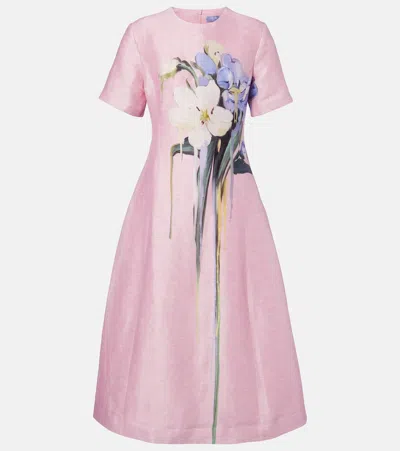 Leo Lin Caroline Floral Linen-blend Midi Dress In Pink
