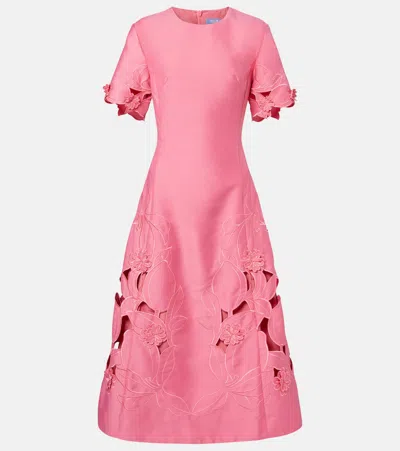 Leo Lin Caroline Floral Embroidered Short-sleeve Midi Dress In Red