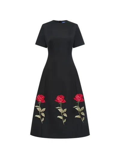 Leo Lin Rose-embroidered Caroline Midi Dress In Black