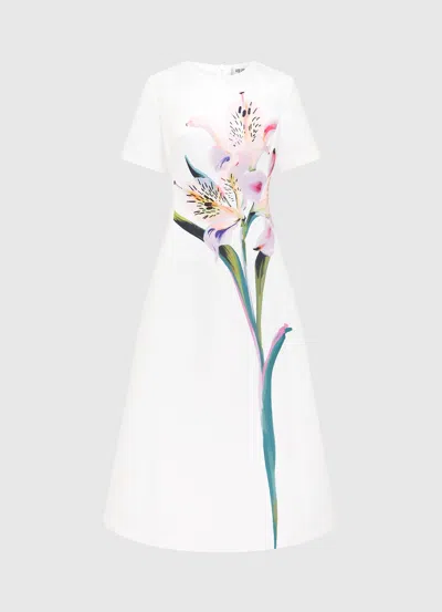 Leo Lin Satin Floral Caroline Midi Dress In White