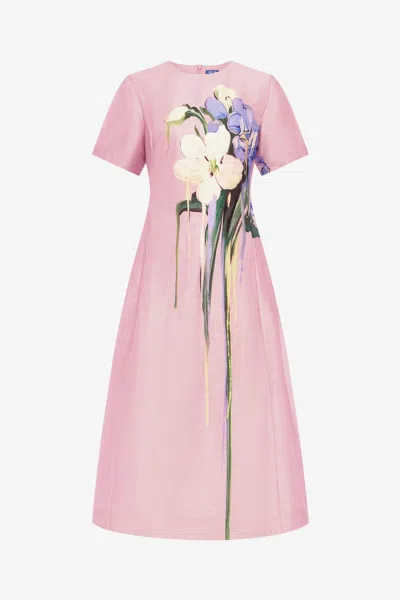 Leo Lin Caroline Short Sleeve Midi Dress - Bouquet Print In Pastel Pink
