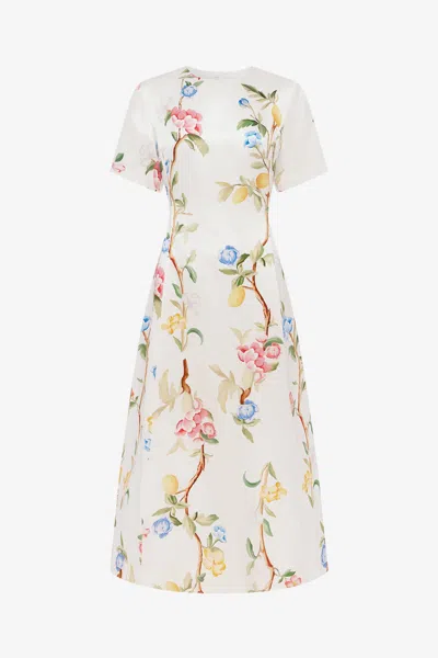 Leo Lin Caroline Short Sleeve Midi Dress - Lemon Vine Print In Snow