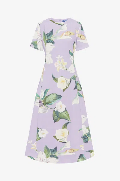 Leo Lin Caroline Short Sleeve Midi Dress - Lily Blossom Print In Lilac