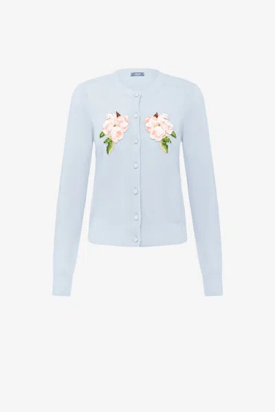Leo Lin Claire Embellished Knit Cardigan - Ditsy Floral Print In Blue