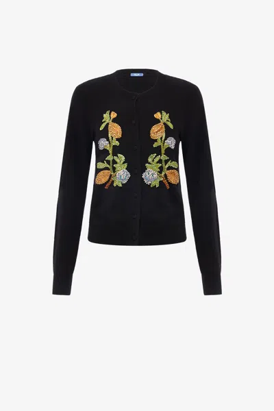 Leo Lin Claire Embellished Knit Cardigan - Lemon Vine Print In Ebony