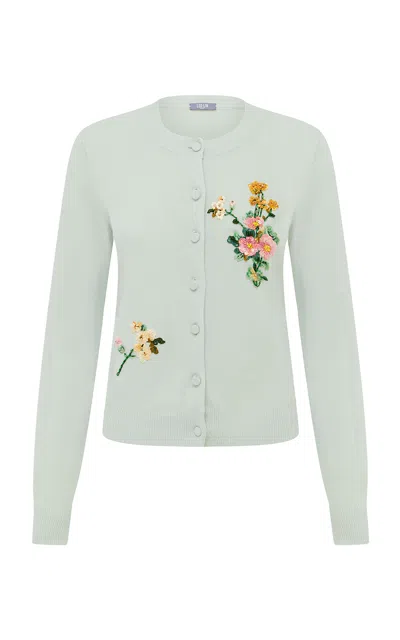 Leo Lin Claire Embellished Knit Cardigan - Posy Print In Mint In Blue