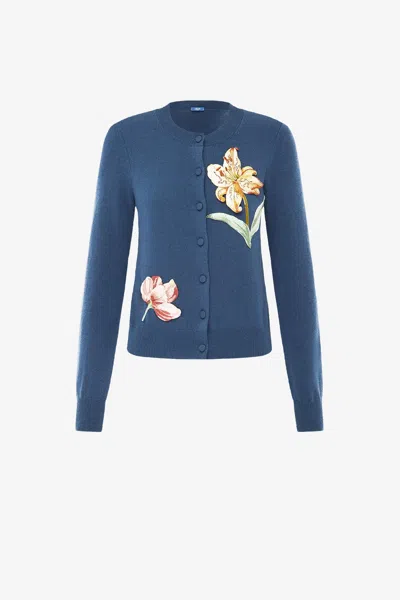 Leo Lin Claire Embroidered Wool Cashmere Cardigan In Blue