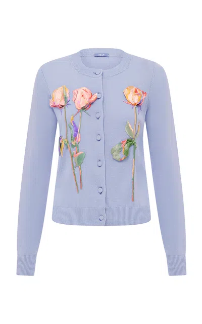Leo Lin Claire Embroidered Knit Cardigan - Rose In Periwinkle In Blue