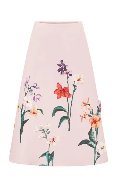 Leo Lin Clara Embroidered Faille Midi Skirt In Pink