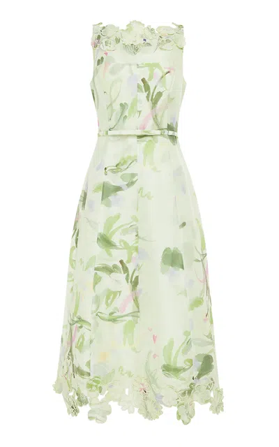Leo Lin Cleo Applique Linen-silk Midi Dress In Green