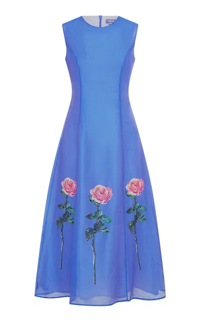 Leo Lin Cleo Embellished Linen-silk Midi Dress In Blue