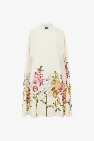 Leo Lin Clover Embroidered Wool Cape Jacket - Snapdragon Print In Snow In White