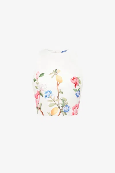 Leo Lin Ella Bow Backless Top - Lemon Vine Print In Snow