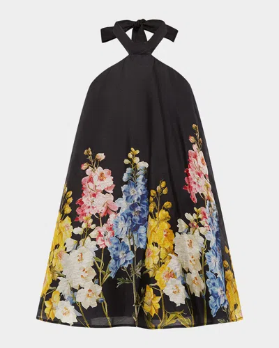 Leo Lin Eloise Floral-print Trapeze Halter Mini Dress In Black