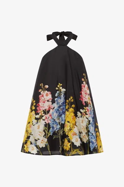 Leo Lin Eloise Halterneck Mini Dress - Snapdragon Print In Ebony