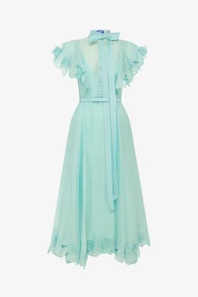 Leo Lin Elsie Appliqué Flutter Sleeve Maxi Dress - Pale Turquoise In Green