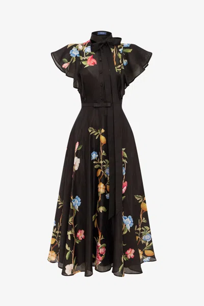 Leo Lin Elsie Flutter Sleeve Midi Dress - Lemon Vine Print In Ebony