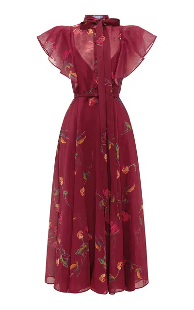 Leo Lin Elsie Flutter Sleeve Midi Dress - Rose Print In Maroon In Pink