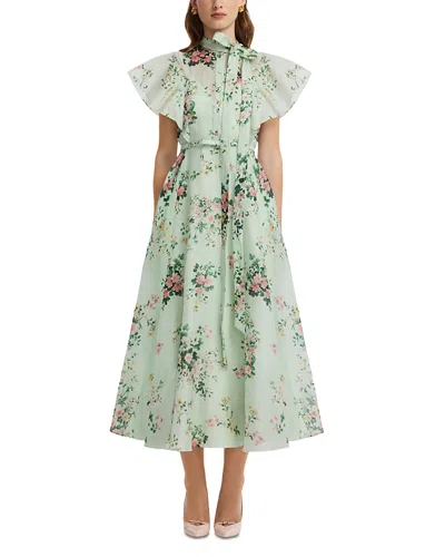 Leo Lin Elsie Linen & Silk Flutter Sleeve Midi Dress In Green
