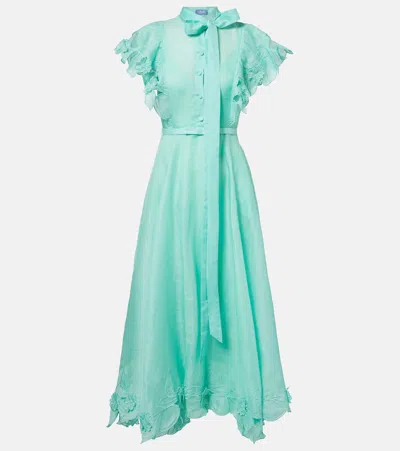 Leo Lin Elsie Tie-neck Linen And Silk Maxi Dress In Green