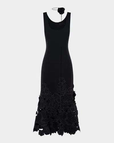 Leo Lin Emily Sleeveless Floral Applique Midi Dress In Ebony