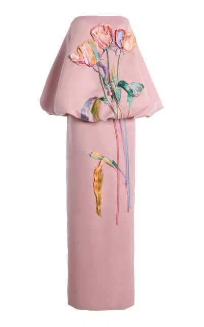 Leo Lin Exclusive Paloma Embroidered Satin Bubble Maxi Dress In Pink