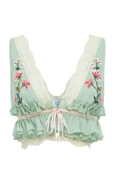 Leo Lin Fiadh Ruffled Embroidered Crop Top In Green
