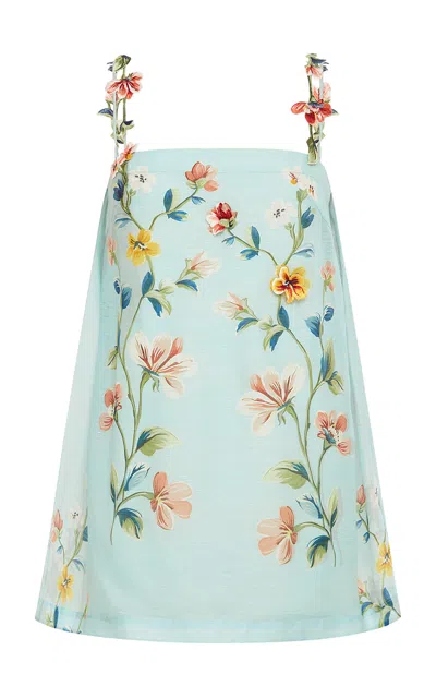 Leo Lin Fiona Embroidered Linen-silk Mini Dress In Blue