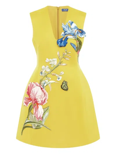 Leo Lin Floral-butterfly Mini Dress In Yellow