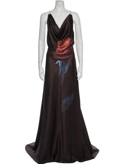 Pre-owned Leo Lin Floral Print Long Dress In Brown