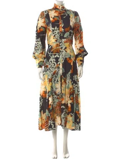Pre-owned Leo Lin Floral Print Long Dress In Green
