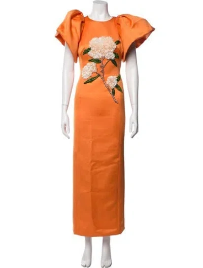 Pre-owned Leo Lin Floral Print Long Dress In Orange