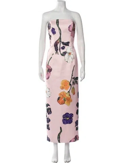 Pre-owned Leo Lin Floral Print Long Dress In Pink