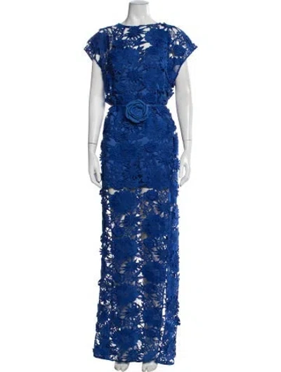 Pre-owned Leo Lin Floral Print Long Dress W/ Tags In Blue