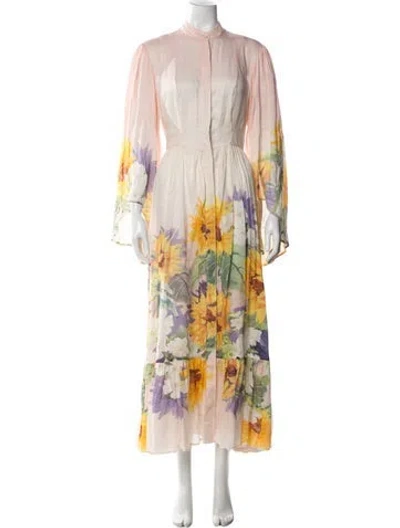 Pre-owned Leo Lin Floral Print Long Dress In White